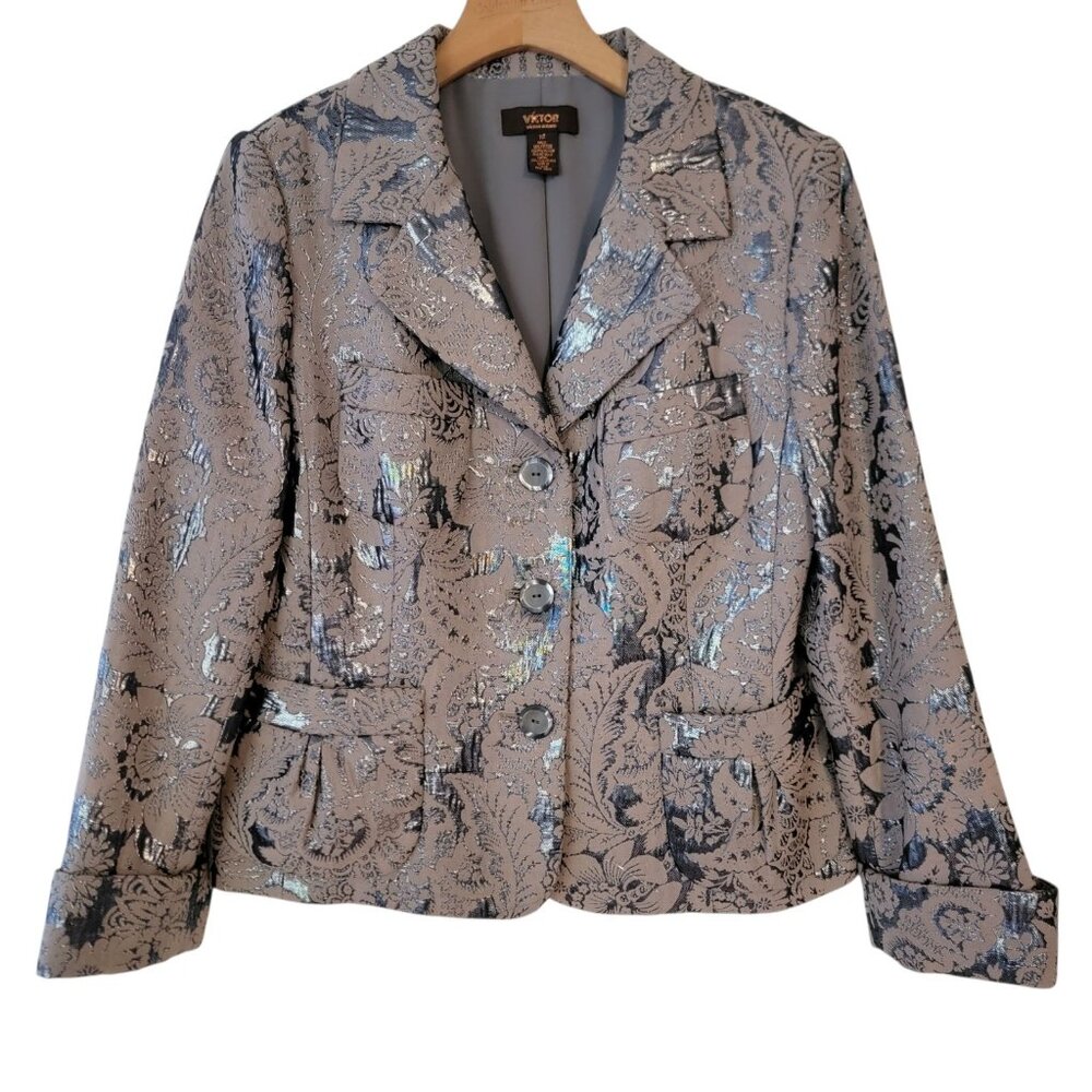 Victor Victor Alfaro Womens Blazer Jacket Sz 12 Metallic Career Classic Pockets